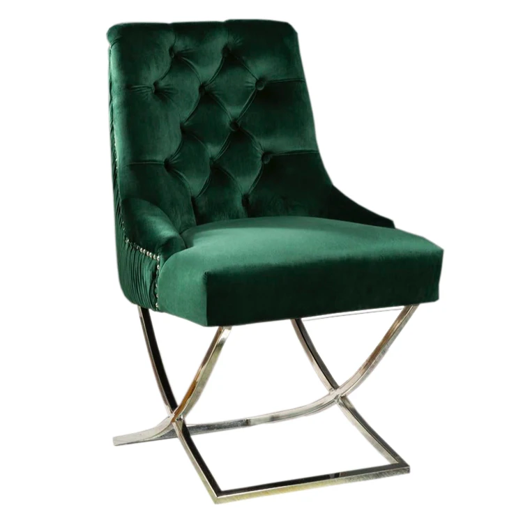 
High Quality Classic Tufted Dining Chair Green Velvet Armchair with Stainless Steel Crossed Base 
