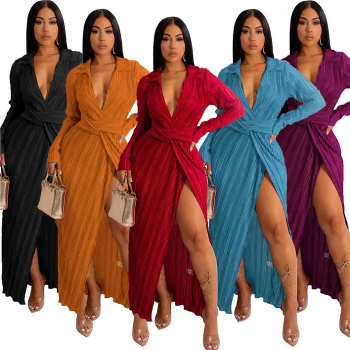 O7734- fashion african dress designs v-neck casual split long pleated dress woman clothes