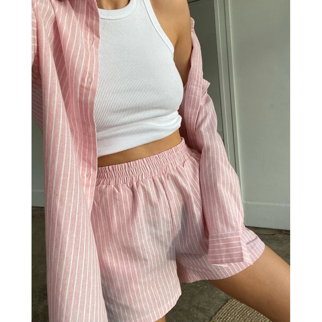 Womens summer 2 piece short striped set women Two pieces long sleeve shirt blouse shorts pants sets clothing 2022