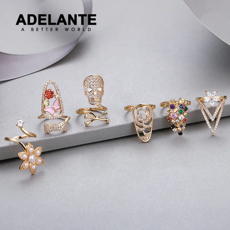 Adelante AR220029 Copper Real Gold Plated Zircon Beauty Nail Ring Geometric Butterfly Adjustable Fingertip Nail ring Women