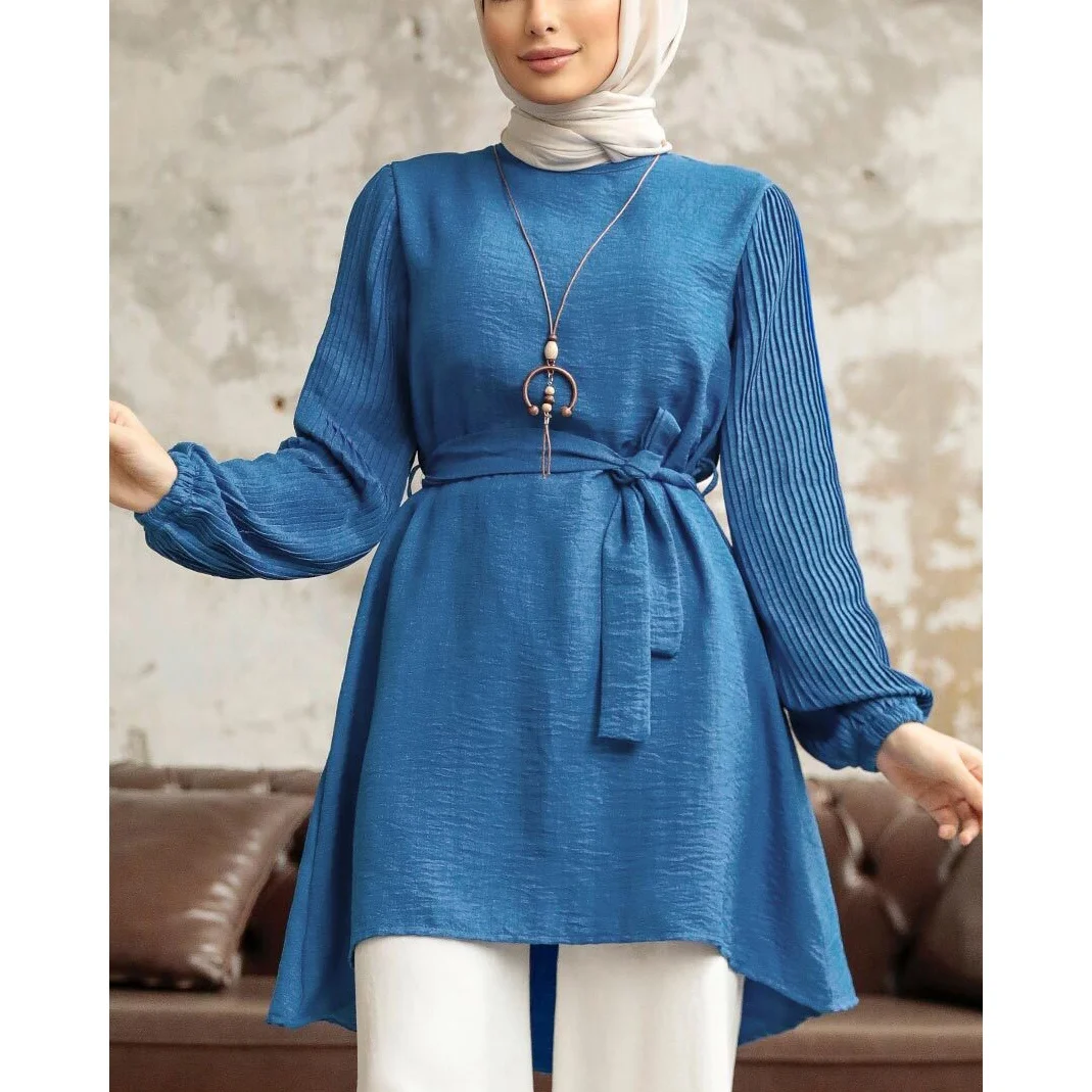 Custom High QUality Modest Long Sleeve Pleated Blouse Shirt For Muslim Women