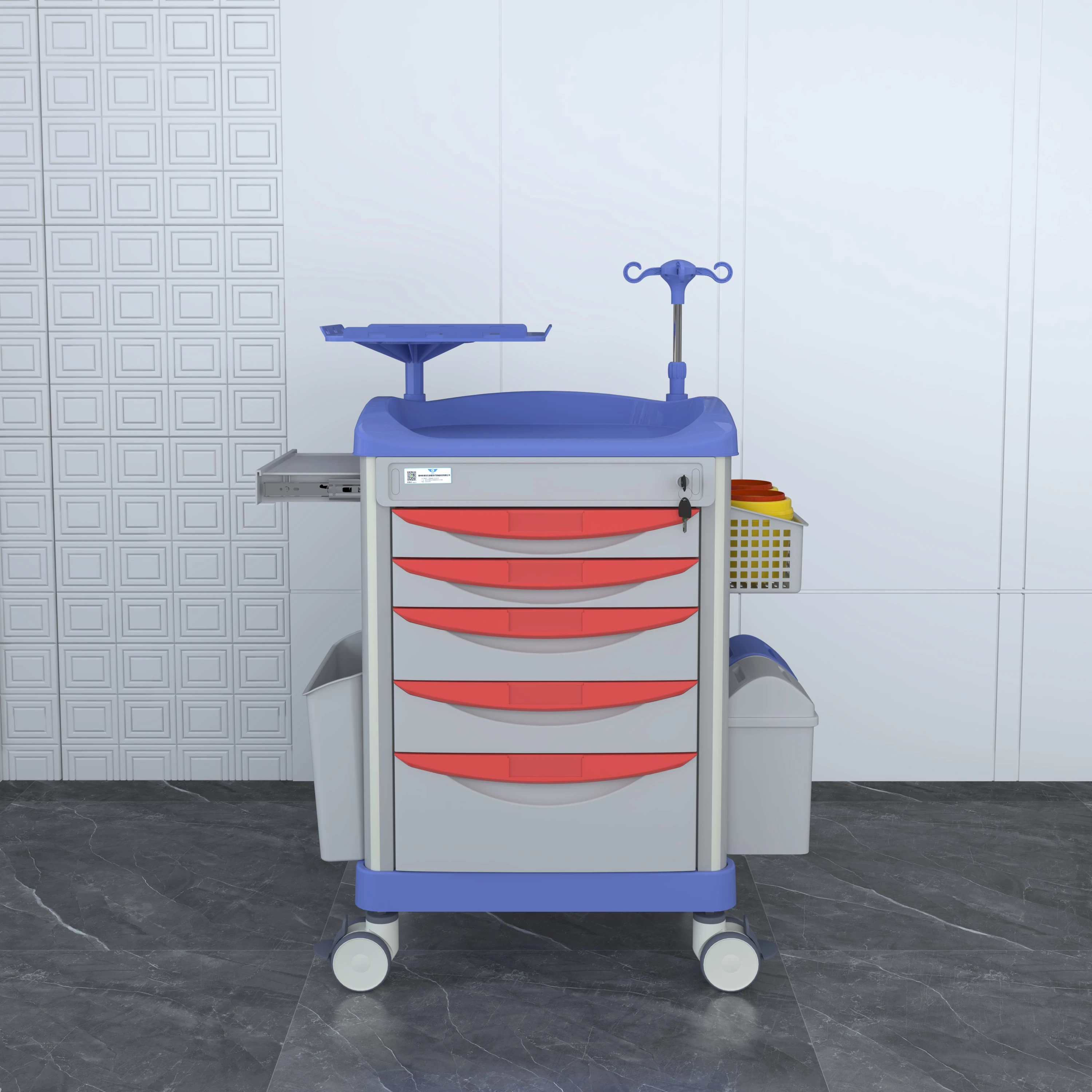 Factory best sell hospital mobile ABS treatment rescue trolley crash cart with wheel defibrillator shelf