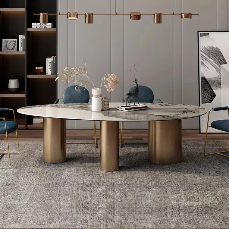 Cheap Wholesale Unique Shape Italian Design High Gloss Dining Table Oval Round Marble Sintered Stone Dining Table Set