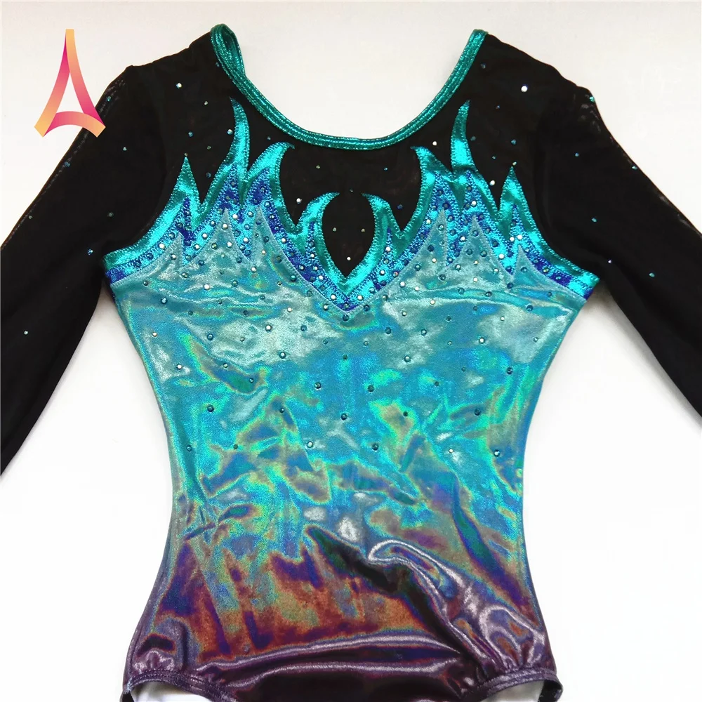 Green Black Ombre Shiny Leotard Long Sleeve Gymnastics Leotards