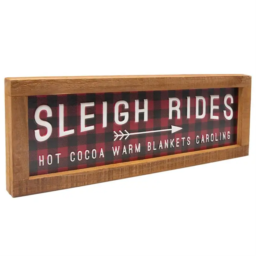 Wooden Christmas Decoration Inset Box Sign - Sleigh Rides Hot Cocoa Warm Blankets Caroling