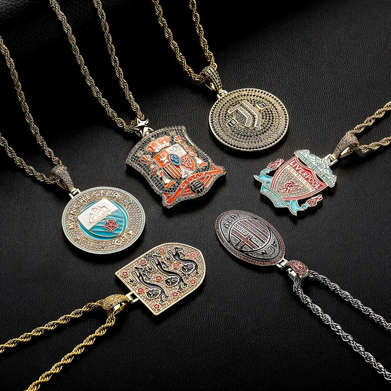 Hiphop Full Diamonds Dripped Oil World Football Club Badge Necklace