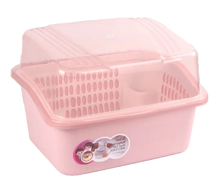 Transparent storage tableware kitchen plastic dish drainer rack with lid for kitchen