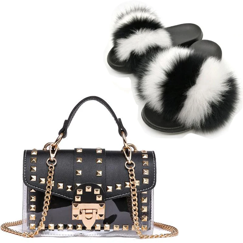 Шлепанцы женские с мехом лисы, милые пушистые меховые тапочки, Желейная сумка на плечо, комплект обуви, пляжные меховые сандалии через плечо