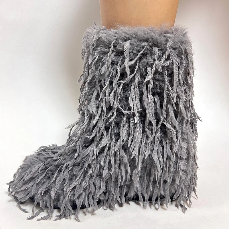 New design winter ostrich feather wedge ankle boots women shoes 2024
