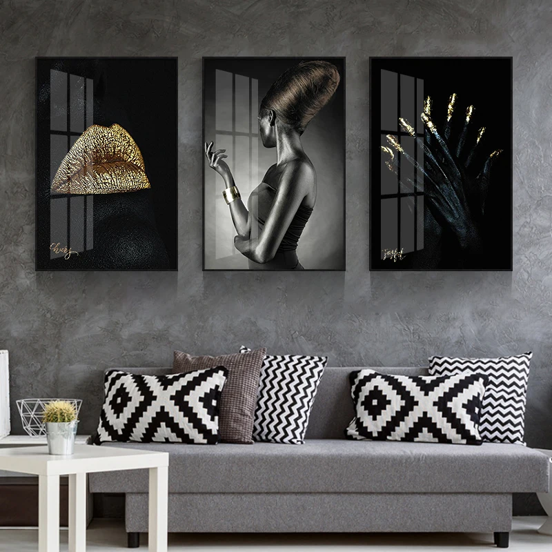 Black Gold African Modern Black Beauty Nordic Glass Luxury african Woman Crystal Porcelain wall painting