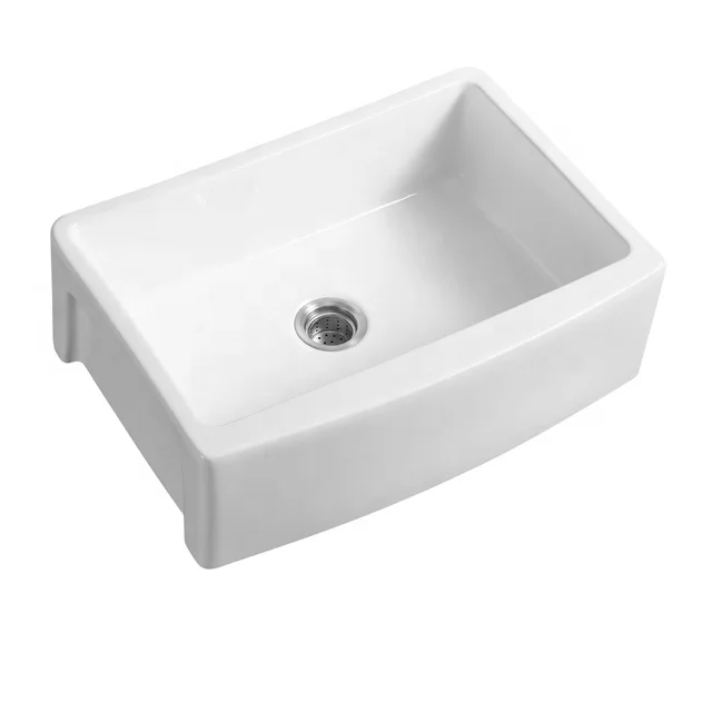 Cheap rectangle single bowl ceramic curved apron front kitchen sink porcelain farm sink P3321