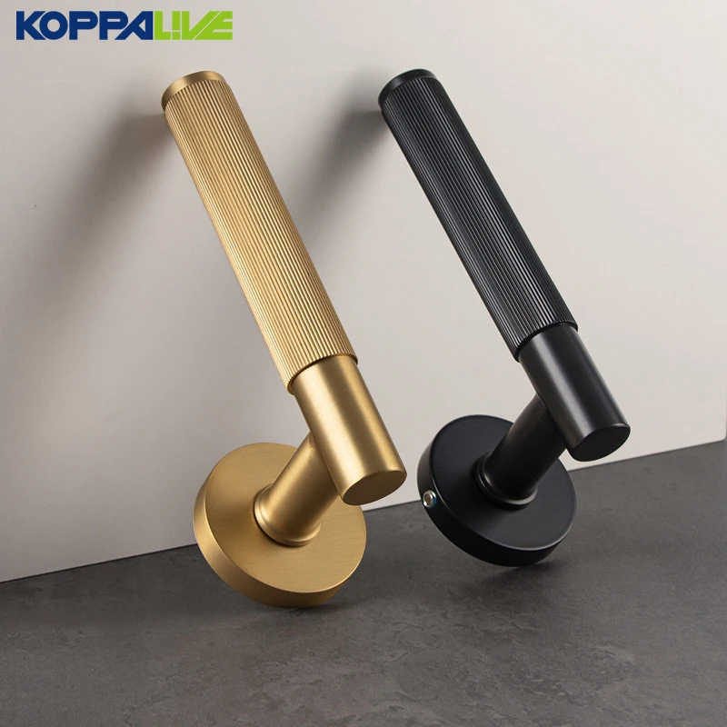 Koppalive Luxury Brushed Brass Door Lock Set Stripe Knurled Silent Brass Privacy Door Lever Handle with pin