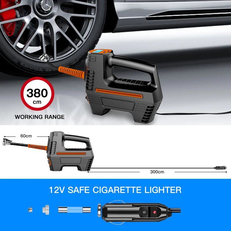 Corded tire inflator for car, motorcycle, bicycle and ball inflation small SUV air compressor tire pump with LED light