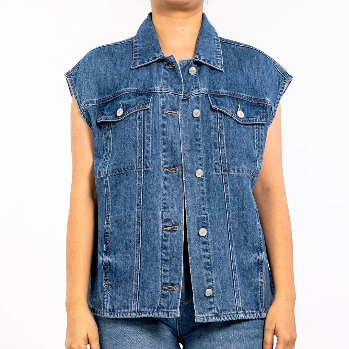 Custom Fashion Casual Dark Blue Denim Sleeveless Vest Jacket for Women With Pockets Ladies Denim Jacket