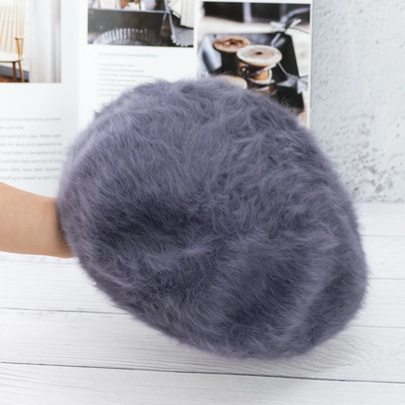 Winter Rabbit Hair Hat New Winter Solid Color Knitted Beret Cap Boina Thickened Warm Hats Elegant Beret Hat