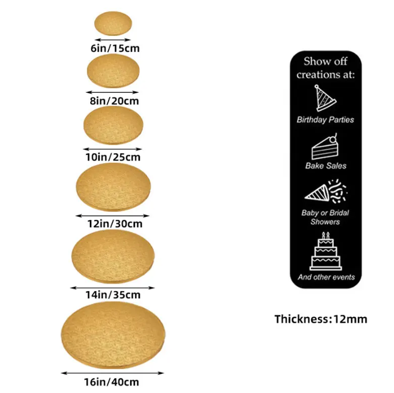 Wholesale Custom Cake Bases Boards 1-3mm Gold Round Cake Board