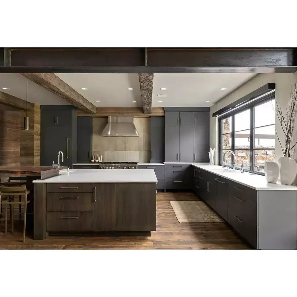 Simple Design European Style Quartz Stone Dark Color Lacquer Kitchen cabinet