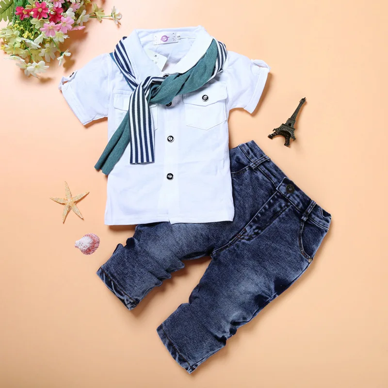 Hot selling T shirt + long jeans pant + scarf 3pcs summer kid clothes set baby boy 7years