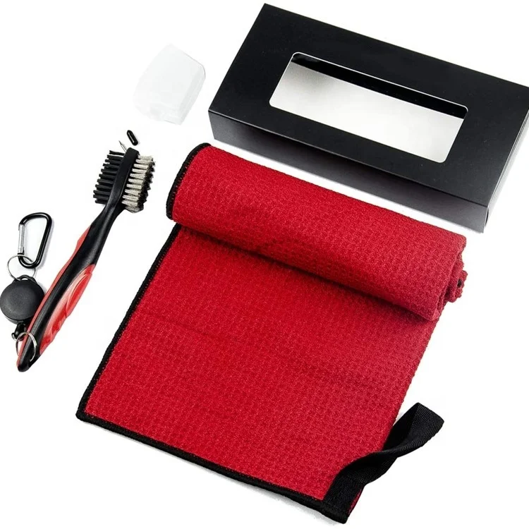 Оптовая продажа полотенец для гольфа из микрофибры с вафельным плетением и щетка для чистки клюшек для гольфа