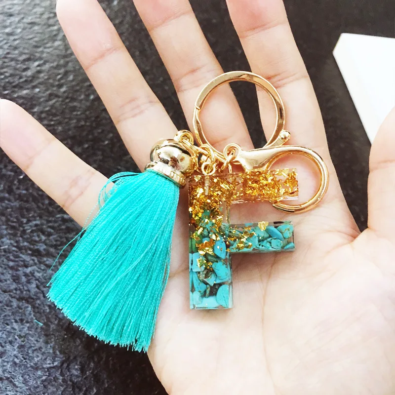 Hesiod Cute Teal Initial Keychain A-Z Letter Bling Acrylic Resin Car Key Chain Bag Gifts for Women with tassel