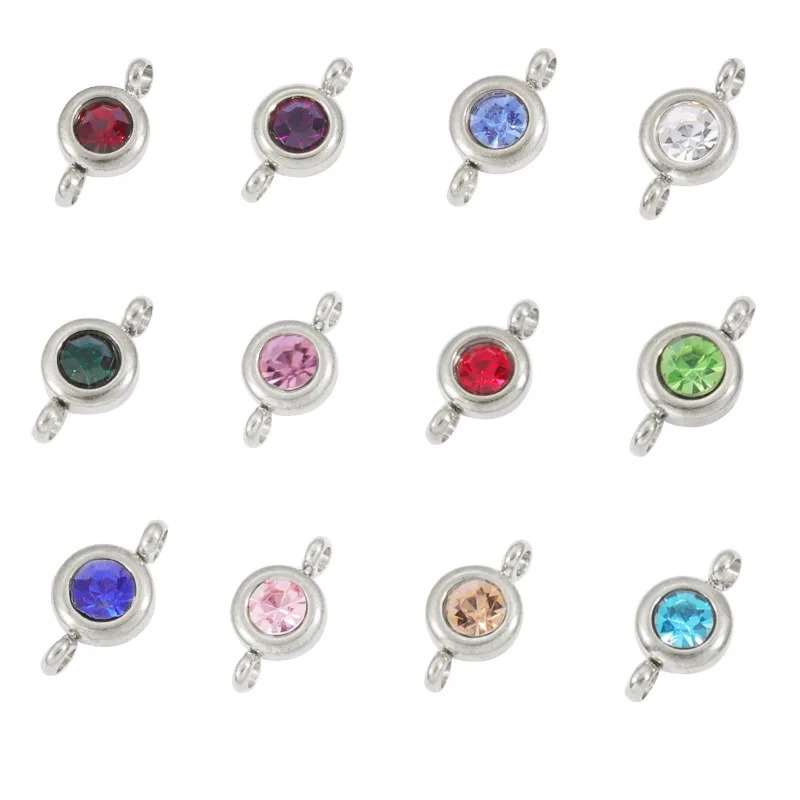 New Birthstone CZ Connector Link Stainless Steel Round Birthstone Charm Connectors for DIY Necklace Bracelet Jewelry