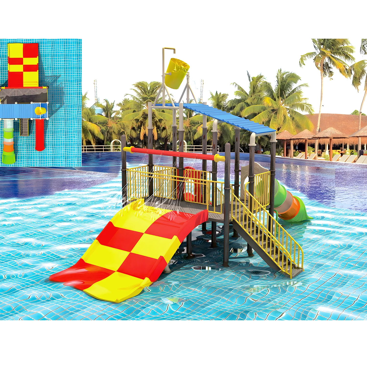 Water Park Attractions with Fiberglass Slides and Water Play Zones
