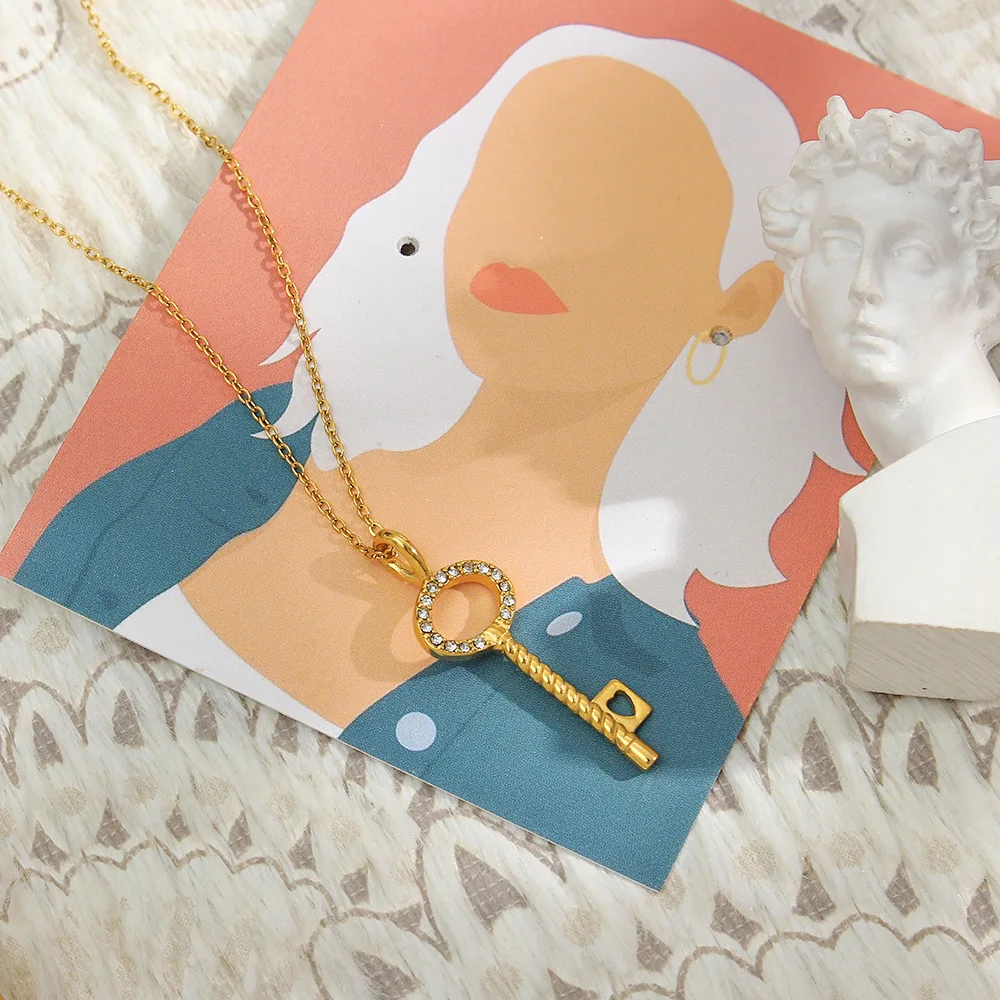 Ins Korean Gold Plated Stainless Steel Key Pendant Necklace Titanium Steel CZ Cubic Zirconia Key Necklace For Party