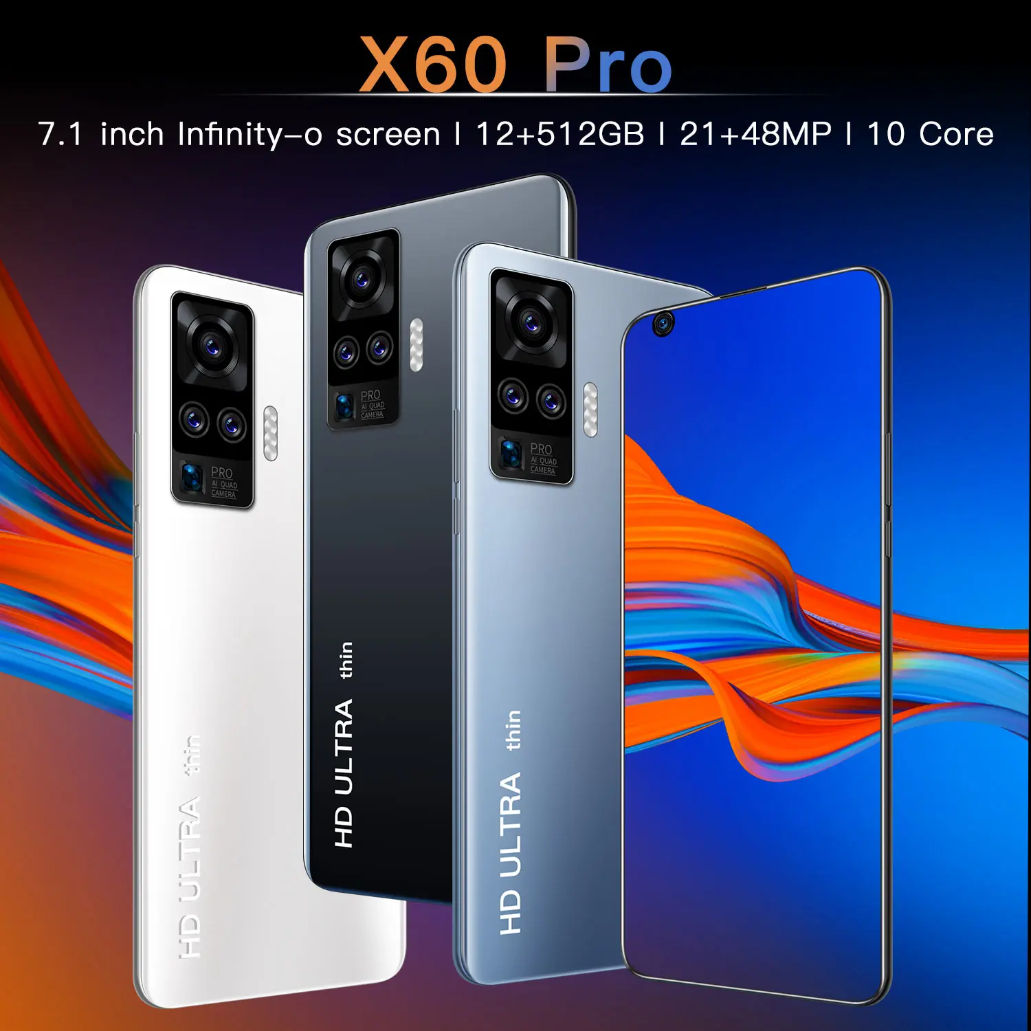 2021 Новая мода X60 Pro 7 2 дюймов MTK6799 Android10.0 смартфонов 12GB + 512GB 5G мобильные телефоны 5600 мАч Power Bank мобильный