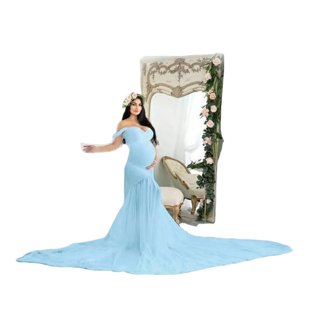 2021 Cotton Maternity Dress For Photo Shoot Shoulder V-Neck Ruffle Pregnant Dresses For Women Maxi Long Pregnancy Dress