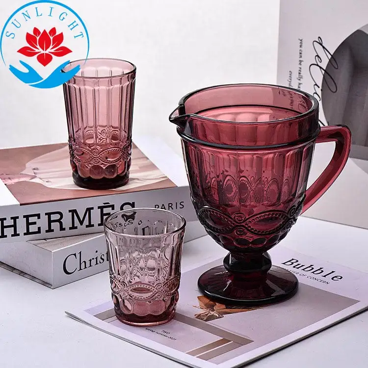 Factory high-end hot selling embossed retro solid color fun wine glasses beautiful red  ripple wine glasses set