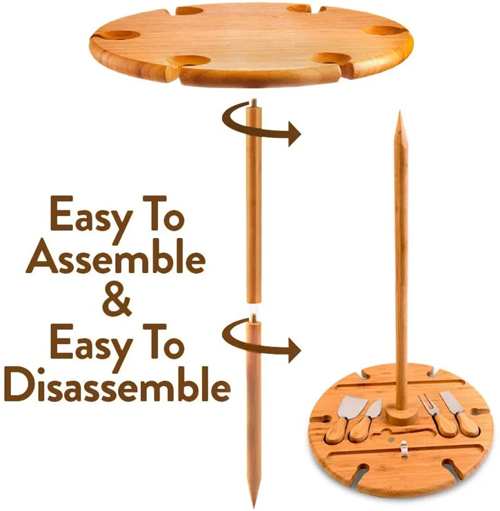 Round bamboo picnic table with knives & wine glass holders