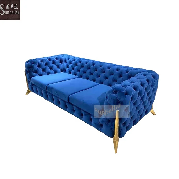 luxury living room sofa set furniture modern velvet chesterfield sofa 123 button tufted upholstered sofa with gold steel legs