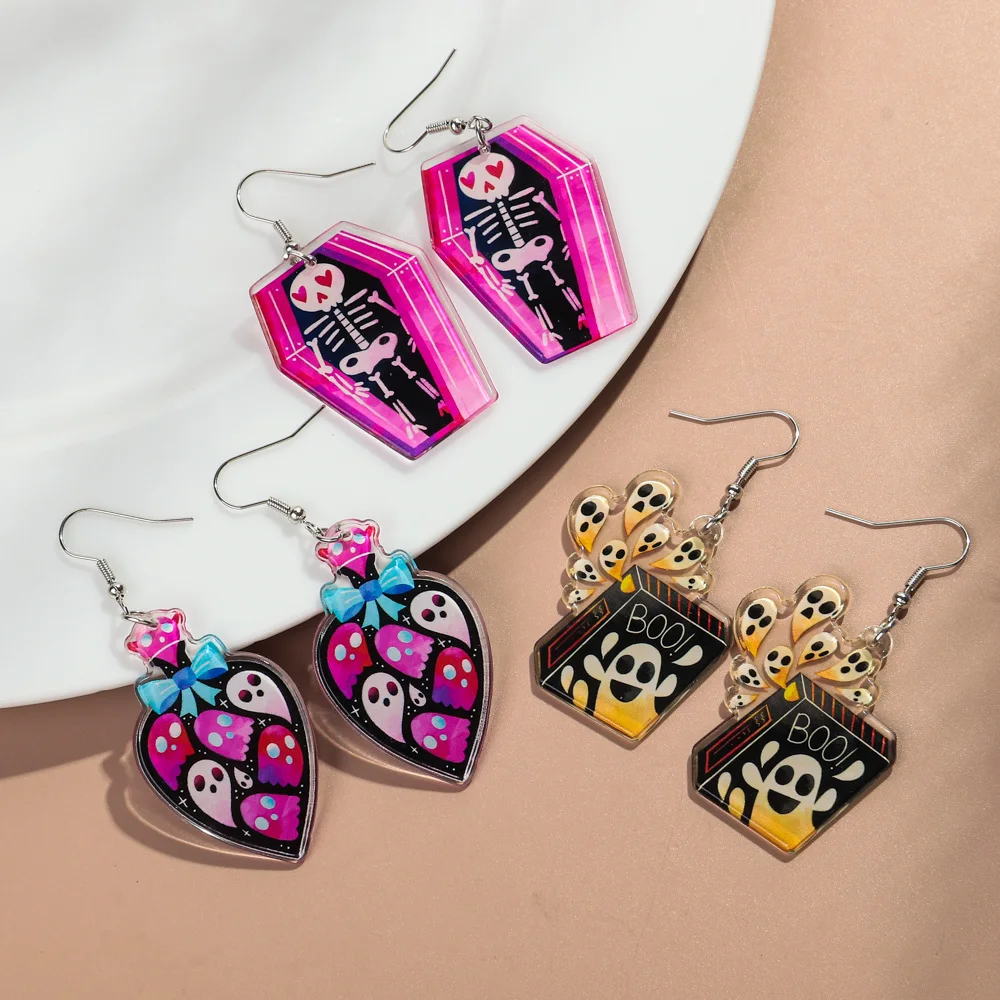 Wholesale Double Sided Print Resin Earring Scary Tombstone Halloween Ghost Skeleton Witch Castle Acrylic Fishhook Earrings Women
