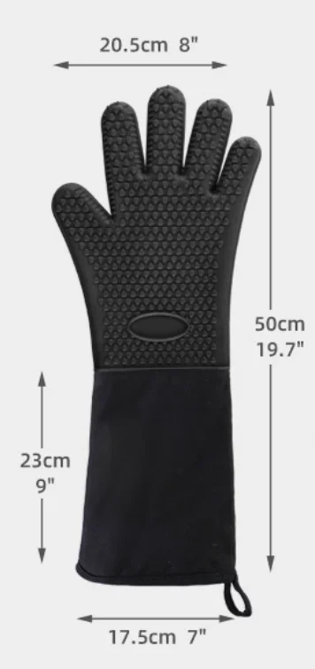 Extra long 50cm Five fingers silicone oven glove with acupuncture cotton quilted