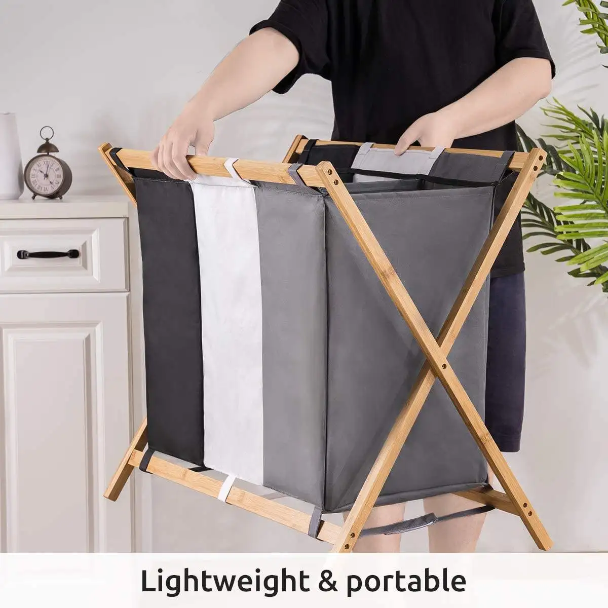 laundry organization and storage Foldable Bamboo 3 section laundry basket 3 compartments Hamper For Dirty Clothes Fabric Bags