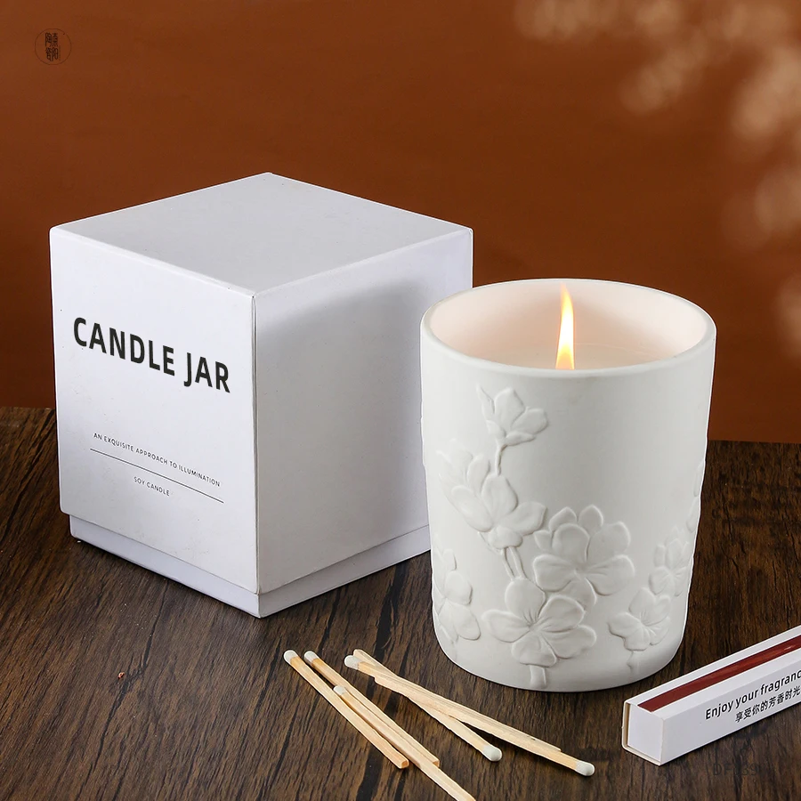 Wholesale luxury Relief Logo Ceramic Candle Container Custom Gift Embossed Flower Matte Candle Jar with Lids