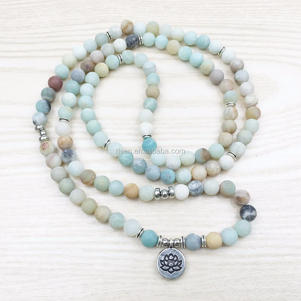 SN1142 8mm Frosted Matte Amazonite Prayer Beads Lotus Om Man 108 Amazonite Mala Beads Bracelet for Men