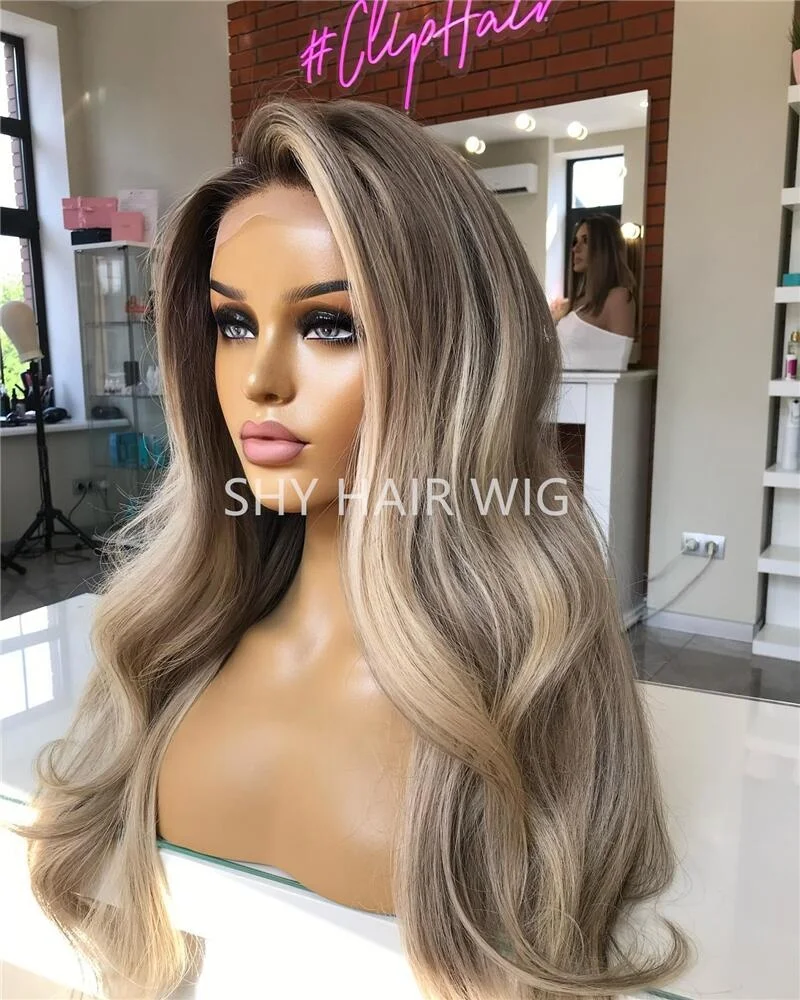 Peluca de pelo humano para mujeres silk base human hair wig hand tied blonde european ash blonde highlights with dark roots wigs