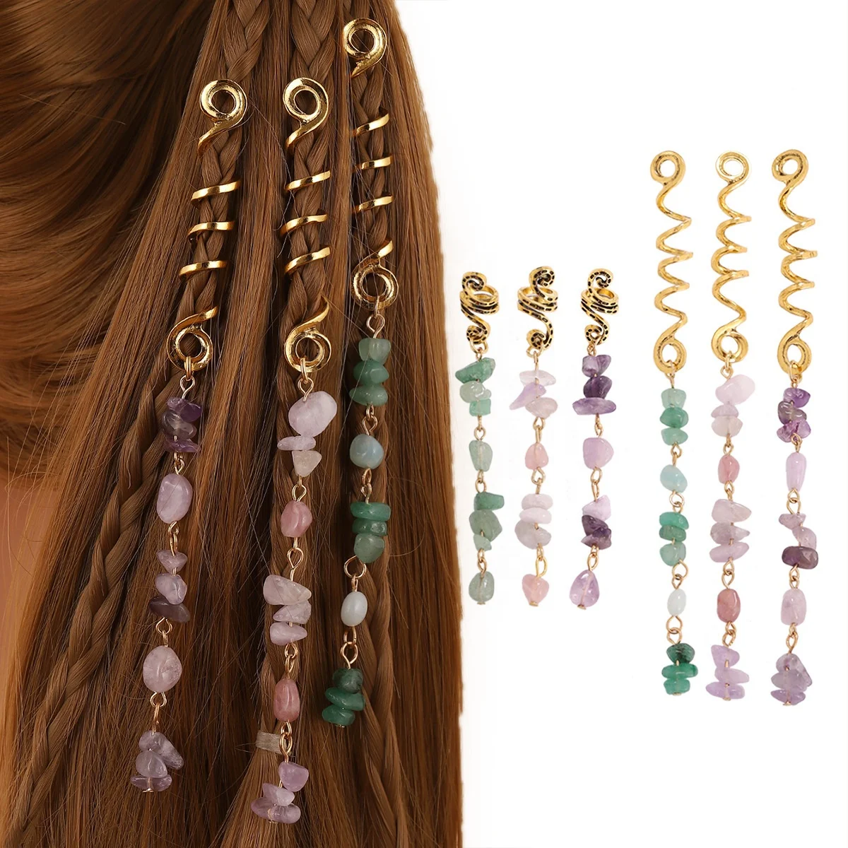 Hot sale alloy hair charms with natural stone hair braids accessories jewelry for dreadlocks decoration