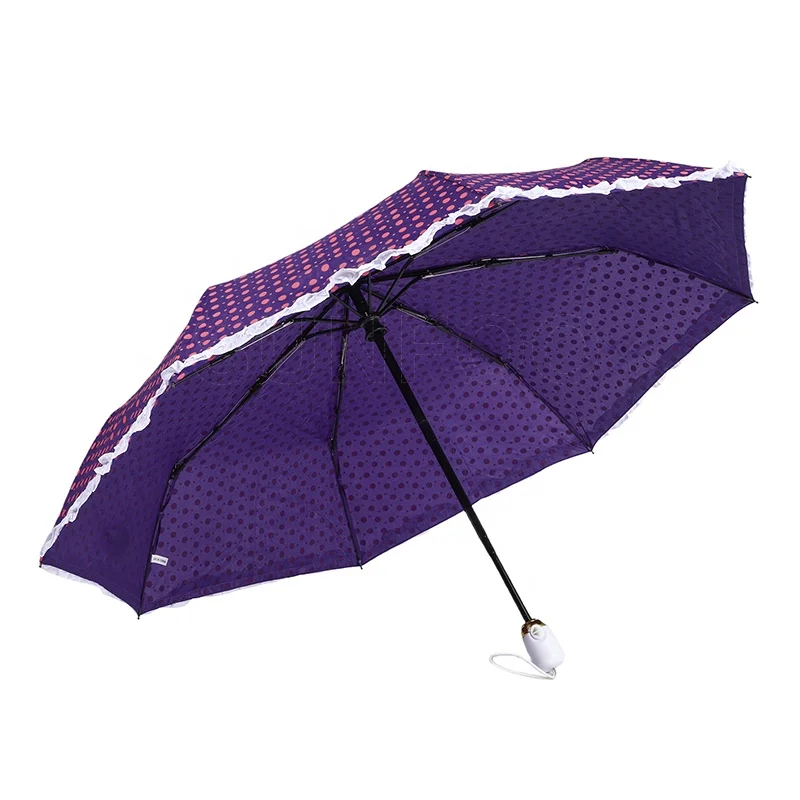 Custom Fancy Trifold Purple Color Collapsible Automatic Folding Umbrella With Ruffles