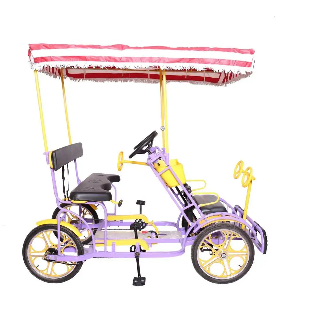 Hot sale 2 seats   4 wheel  2 person blue red pink green  tandem surrey bike for family rental sightseeing in park