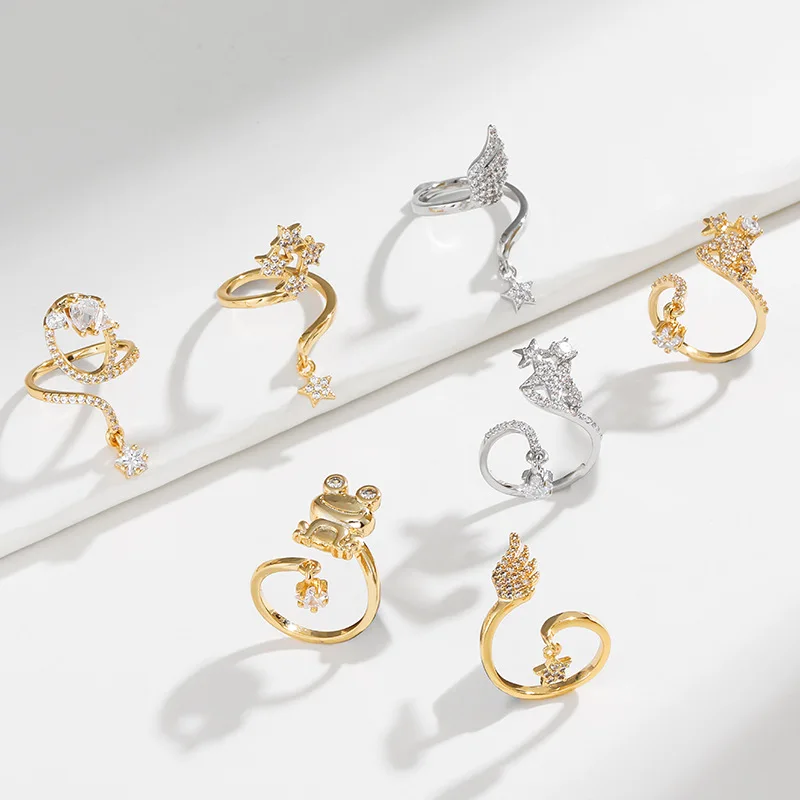 Trendy nail rings finger Crystal Glitter Nail Tips Shiny Crystal Ins Fingertip Exquisite Opening Star Wigs Frog Adjustable Ring