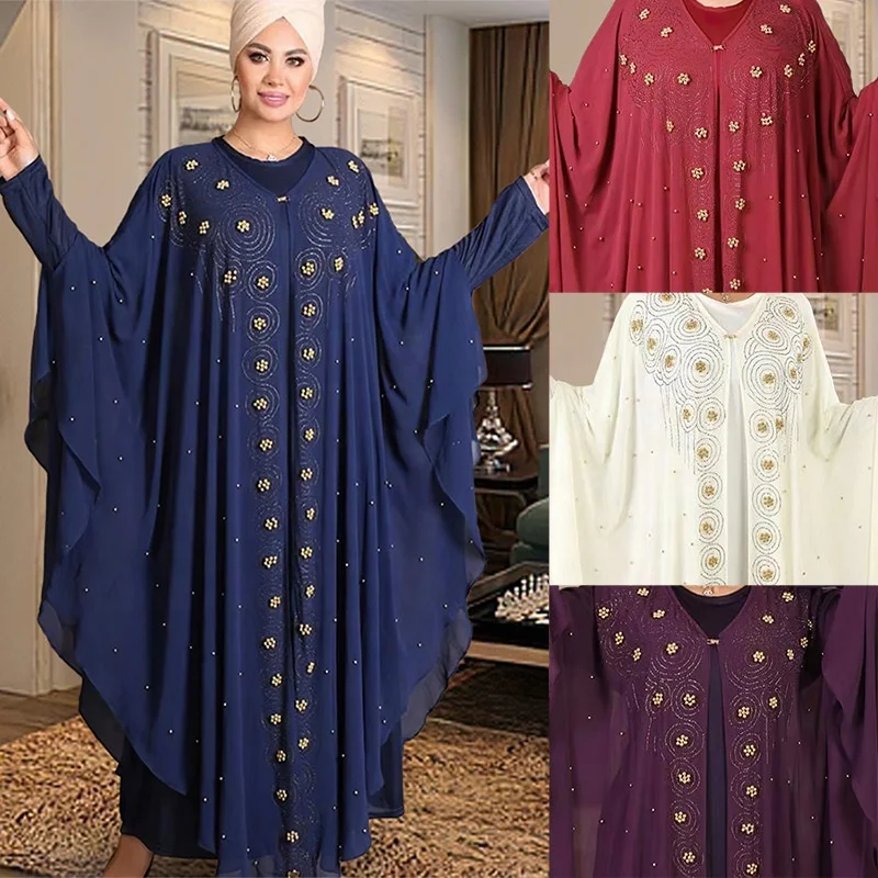 Elegant Eid Arabic Female Open Abaya Islam Turkey Dress 2 Pieces Muslim Dress For Women Moroccan Kaftan African Chiffon Dress