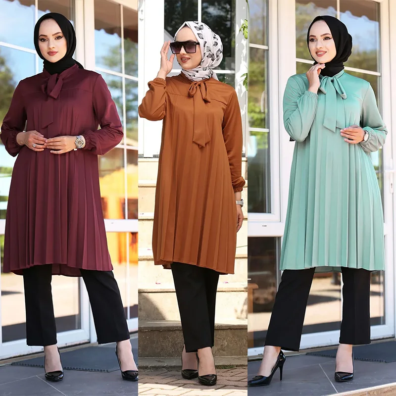 Muslim women casual crew neck tunic modest top custom turkey muslim long sleeve pleated chiffon blouse