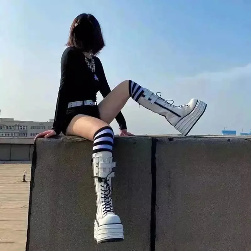 big size Fashion Women Chunky Sexy Platform Knee High Boots High Heel Round-Toe Zip Punk Goth Mid Calf Boots