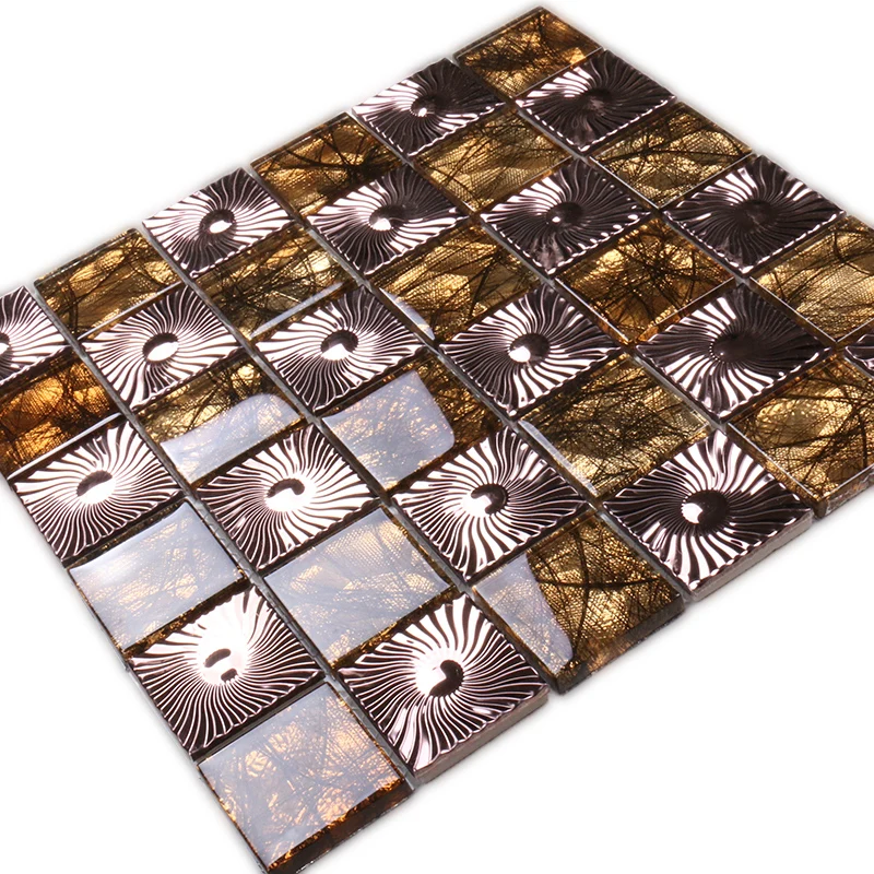 Luxury golden glazed stainless steel flower glass mosaic tile for hotel
