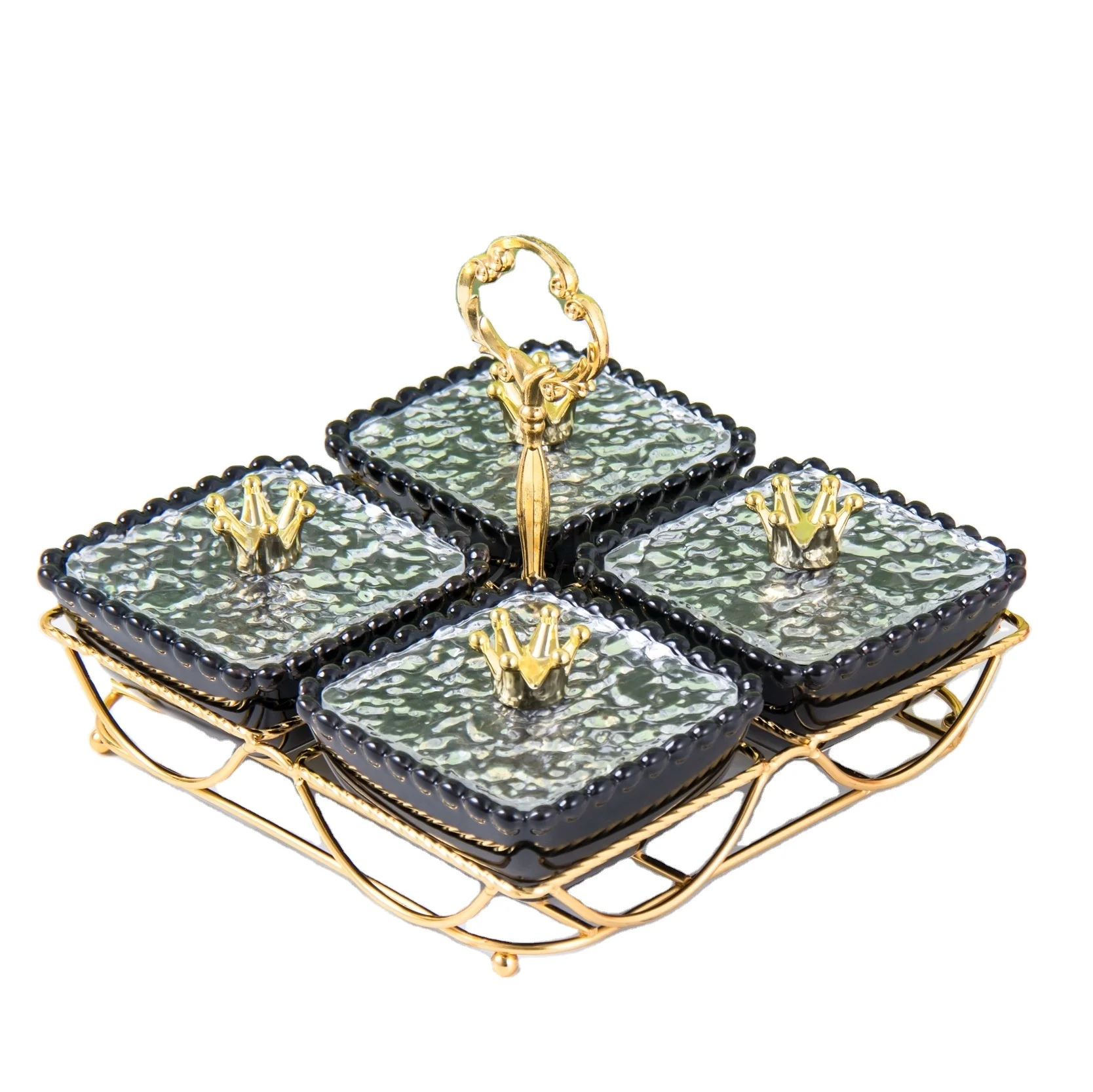 Luxury Design Nuts Food Storage With Ceramic Bowls Golden Metal Dry Fruit Tray