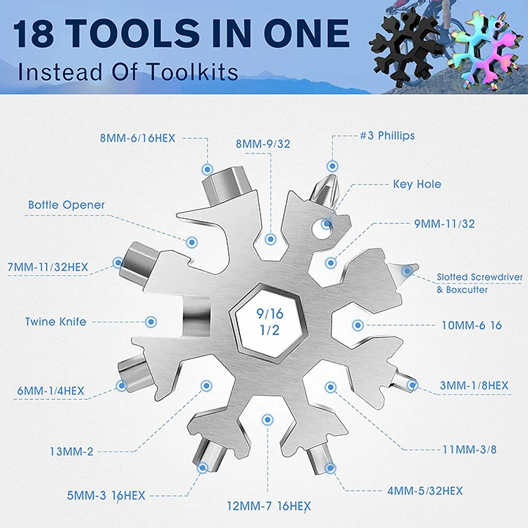 Christmas gift 18 in 1 multi purpose tool outdoor carry screwdriver wrench snowflake tool 18in1 snowflake multitool