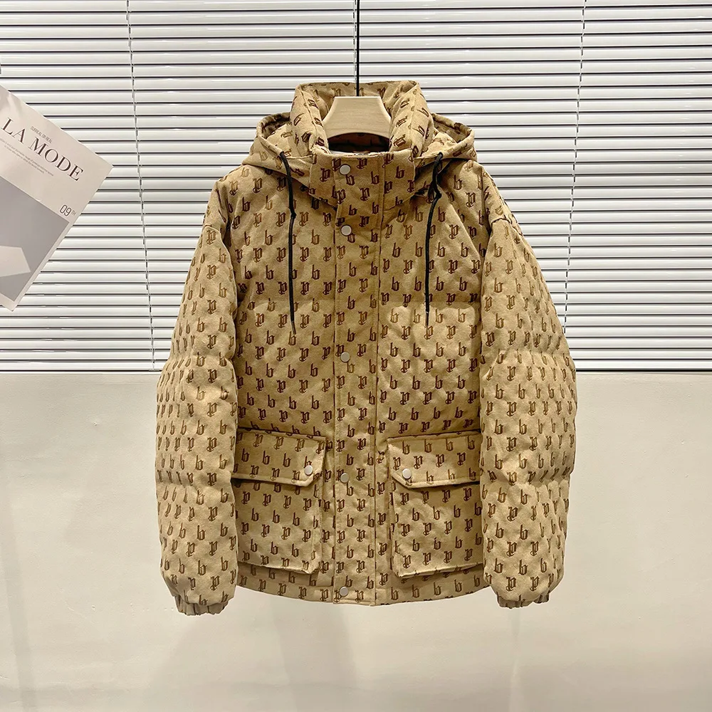 Yufan Winter New Men Covered With Jacquard Hooded Loose Down Jacket Leisure Overall Down Coat Letter Pattern Puffer Jacket