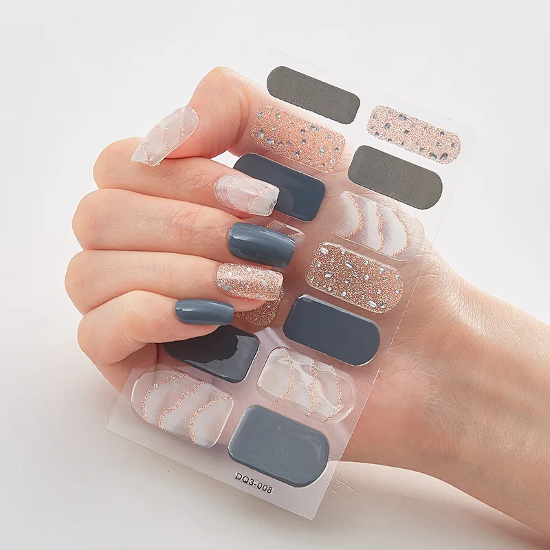 Factory Supplier New Design Nail Art Gel Nail Wraps Polish Strips 3d Semi Cured Gel Nail Sticker With Uv Lamp